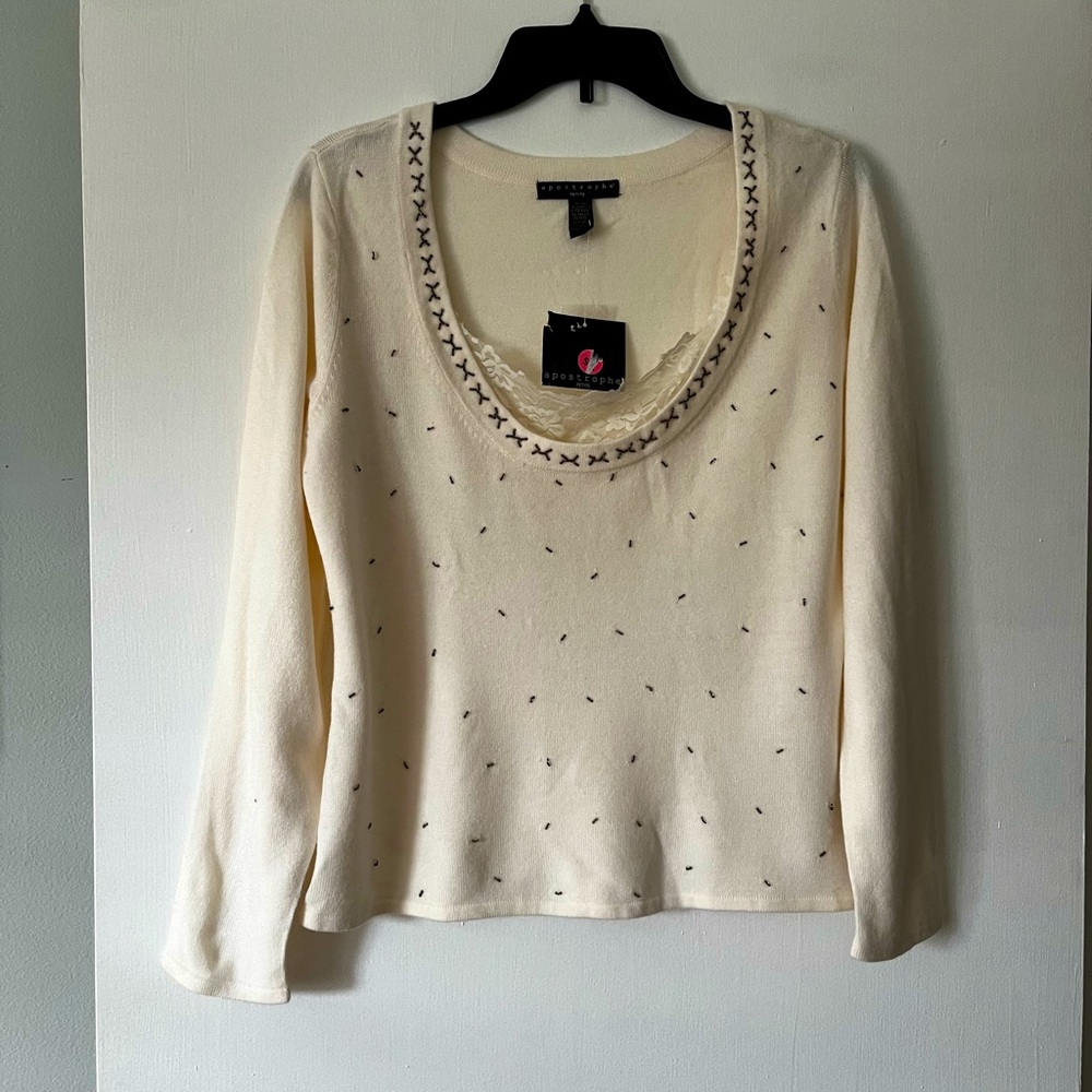 Apostrophe Ivory Colored Beaded Sweater With Lace Inset